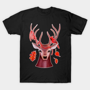 Deer and Cardinal Bird at Fall T-Shirt